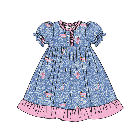 Preorder(moq 8)Baby Girls Blue Floral Ducks Button Ruffle Knee Length Dresses