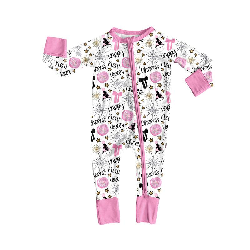 Preorder (moq 5)Baby Girls Pink Long Sleeves Happy New Year Stars Zipper Romper