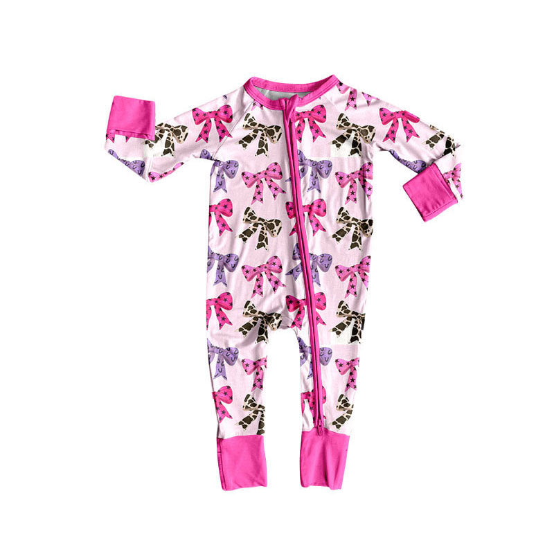 Preorder(moq 5)Baby Girls Pink Stars Bows Plaid Zipper Footie Rompers
