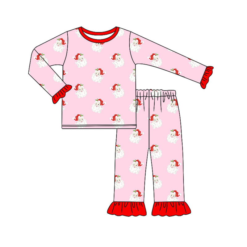 Preorder (moq 5)Baby Girls Pink Long Ruffle Sleeves Santa Top Pant Pajamas Set