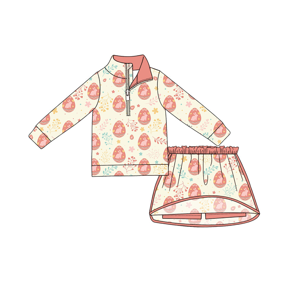 Preorder (moq 5) Girls’ Easter Orange Bunny Bow Half-Zip Top & Skirt Set, Festive Holiday Outfit