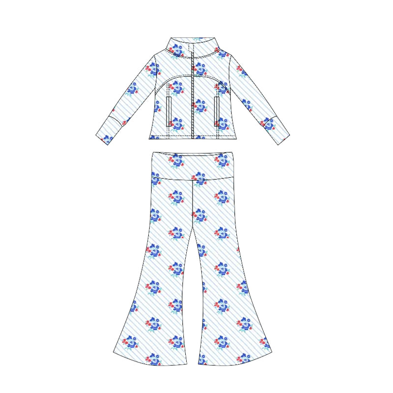Preorder moq 10 Baby Girls Long Sleeves Blue Flowers Stripe Pockets Zipper Top Bell Bottom Pant Set
