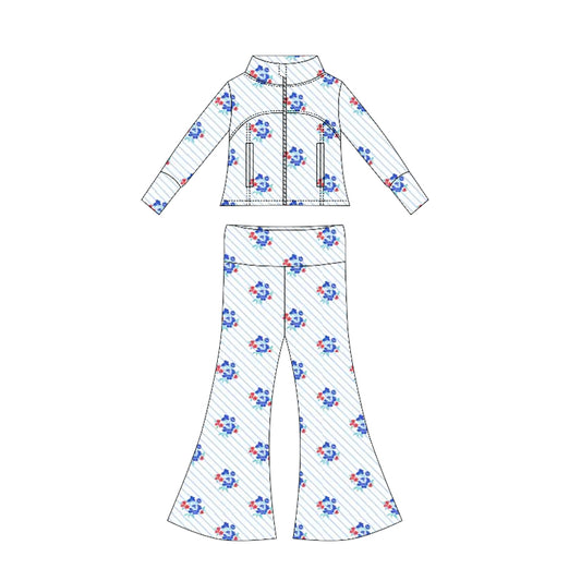 Preorder moq 10 Baby Girls Long Sleeves Blue Flowers Stripe Pockets Zipper Top Bell Bottom Pant Set