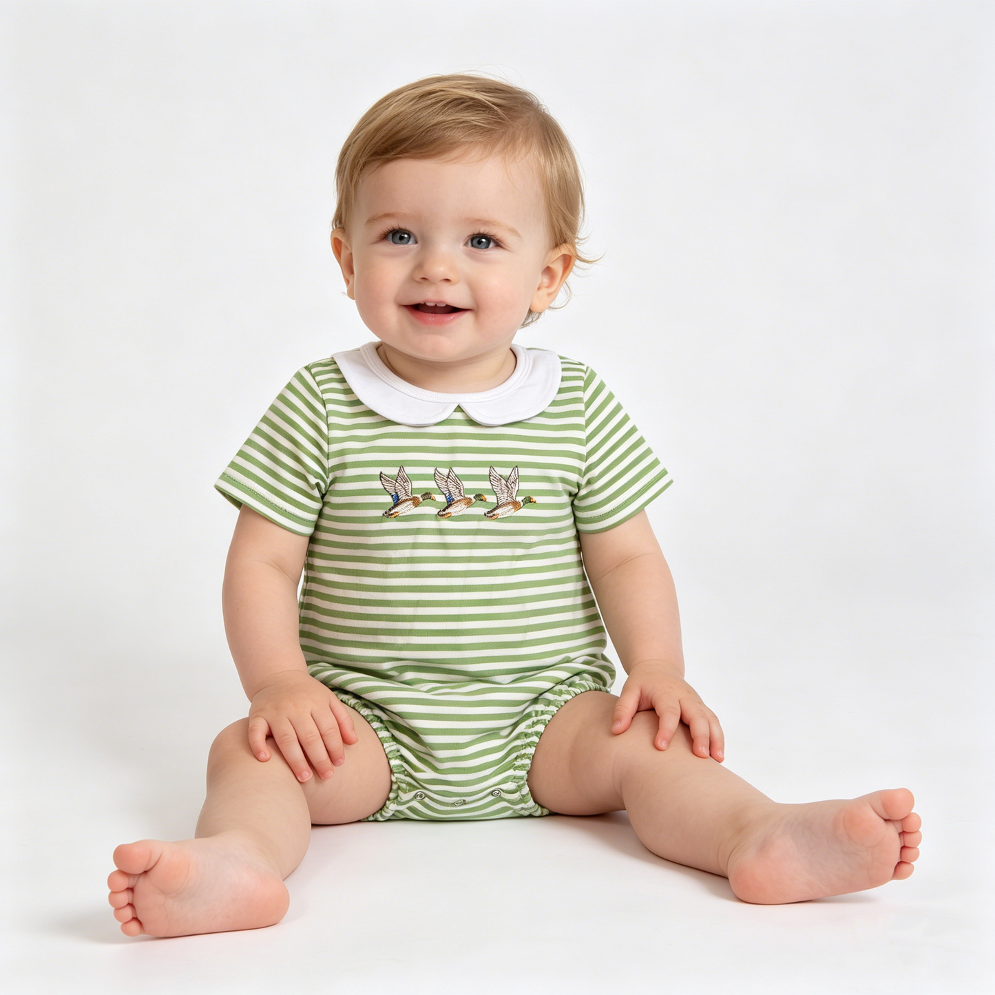 Embroidery Ducks Baby Boys Green Stripe Hunting Collar Rompers