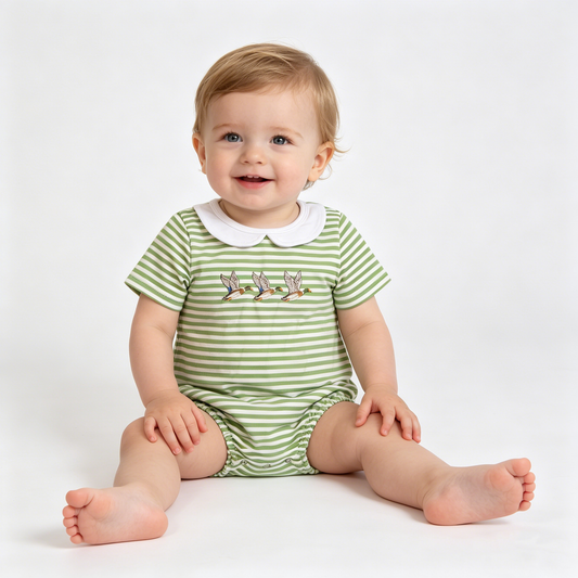 Embroidery Ducks Baby Boys Green Stripe Hunting Collar Rompers