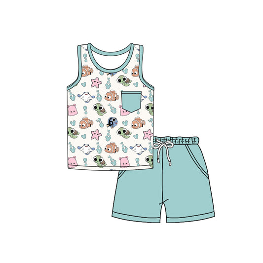 Preorder moq 5 Baby Boys Mint Sleeveless Pocket Cartoon Fishes Top Short Set