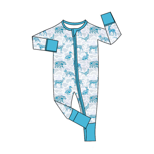 Preorder (moq 5)Baby Boys Blue Camo Dogs Ducks Hunting Two Way Zip Convertible Rompers