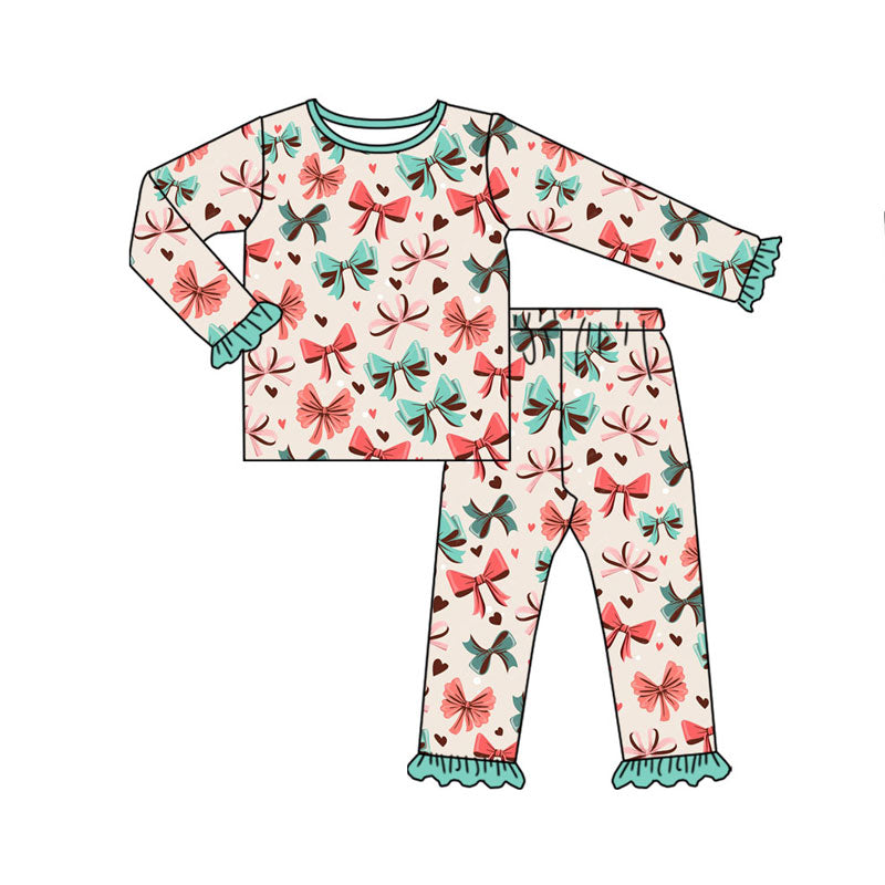 Preorder(moq 8)Baby Girls Colorful Bows Hearts Top Ruffle Pants Valentine Pajamas Sets