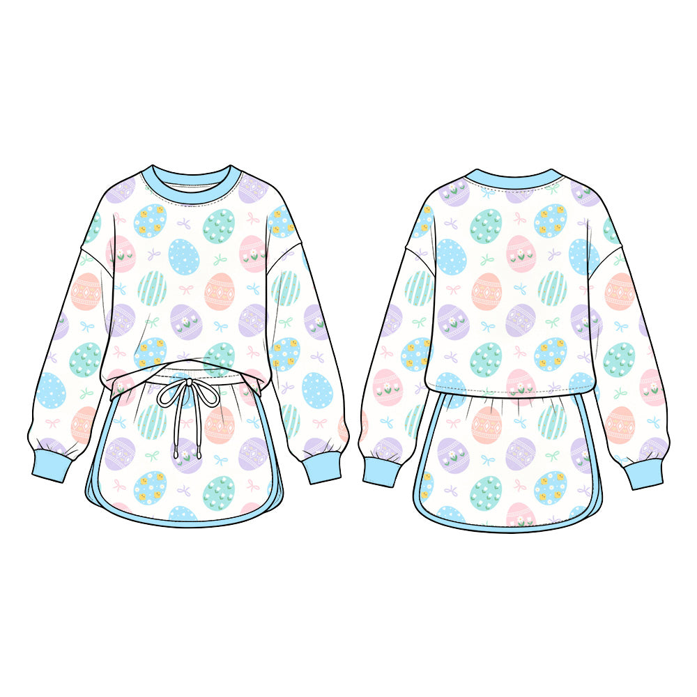 Preorder (moq 5) Baby Girl Clothes Pastel Easter Egg Bow Mixed Print Long Sleeve Top Skirt Boutique Outfit Set  >  > 合规提示：原创马卡龙复活节彩蛋小蝴蝶结印花，