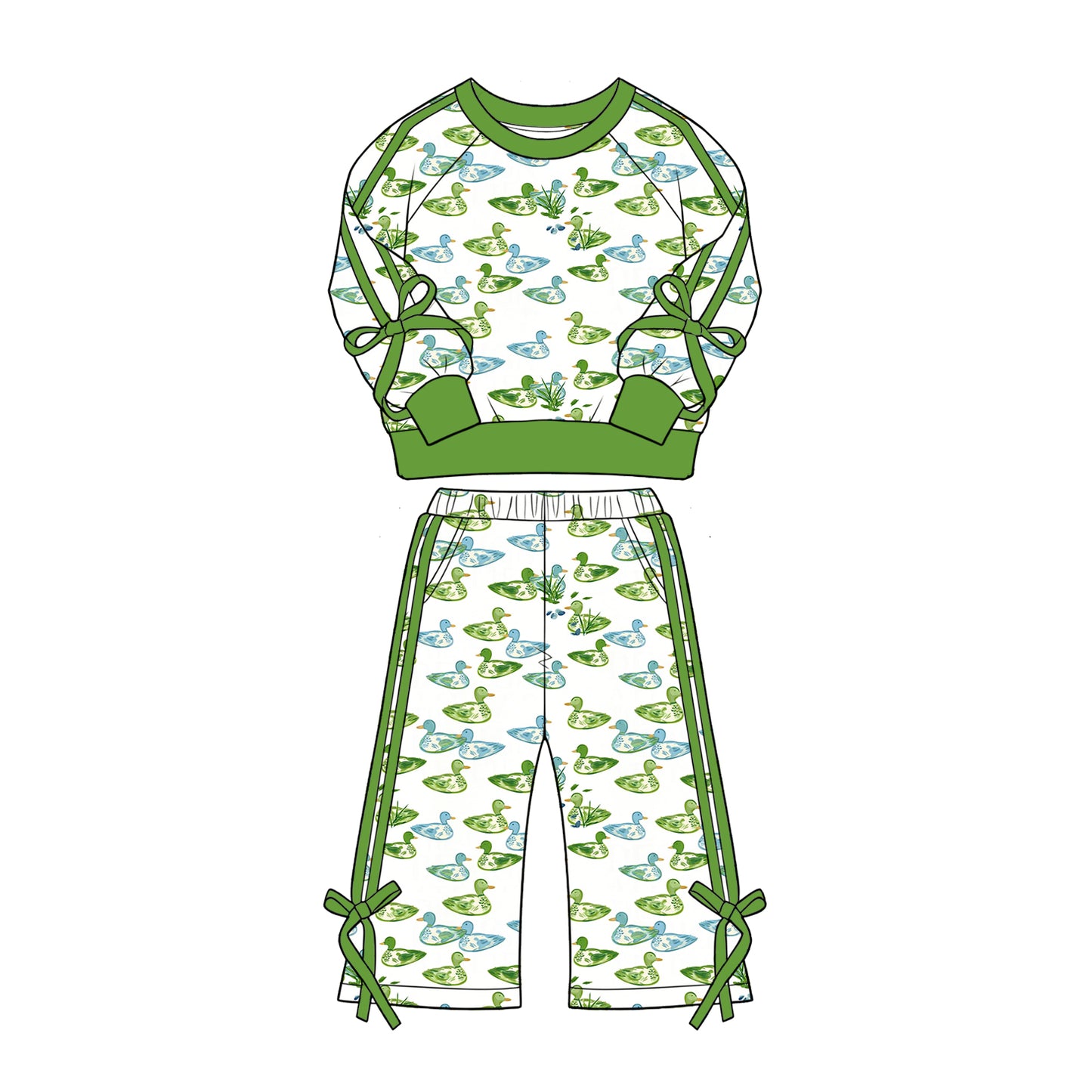 Preorder (moq 5)Baby Girls Light Green Ducks Top Flare Pockets Pant Hunting Clothes Sets