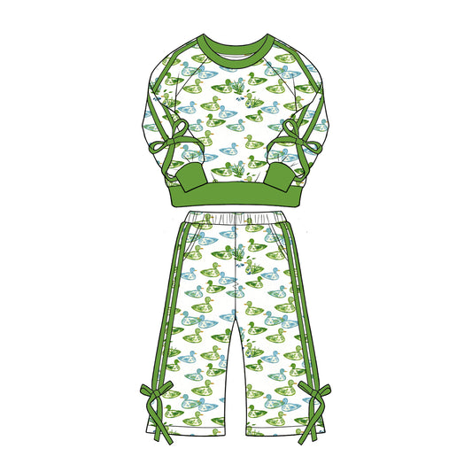 Preorder (moq 5)Baby Girls Light Green Ducks Top Flare Pockets Pant Hunting Clothes Sets