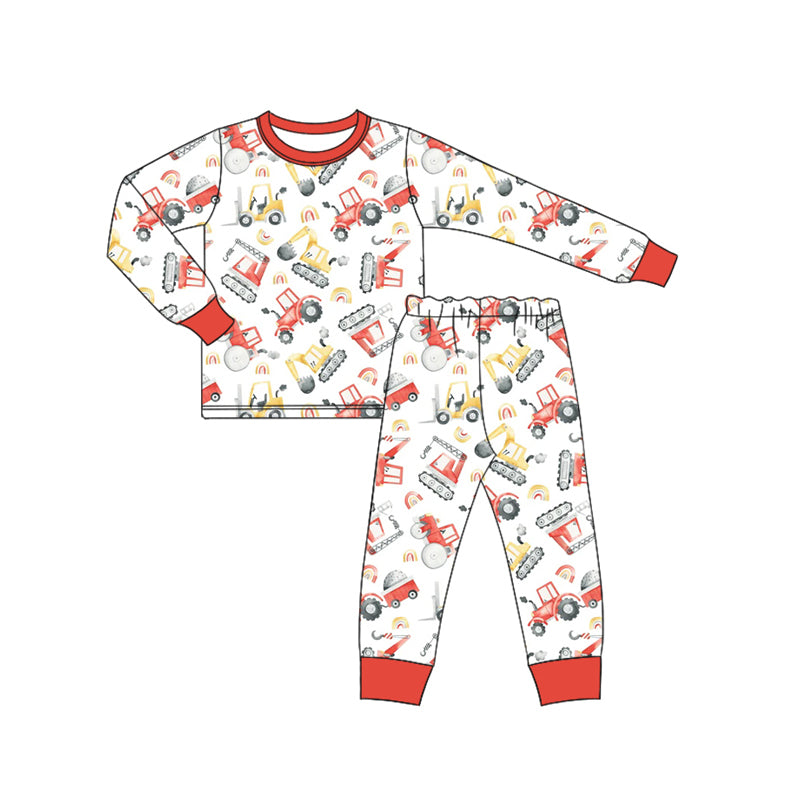 Preorder (moq 5)Baby Boys Long Sleeves Excavators Plaid Top Pant Pajamas Set