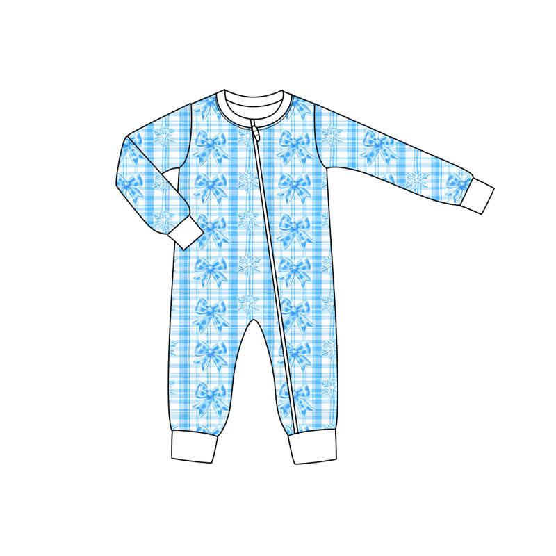 Preorder (moq 5)Baby Boys Long Sleeves Blue Bows Flowers Plaid Zipper Pant Rompers