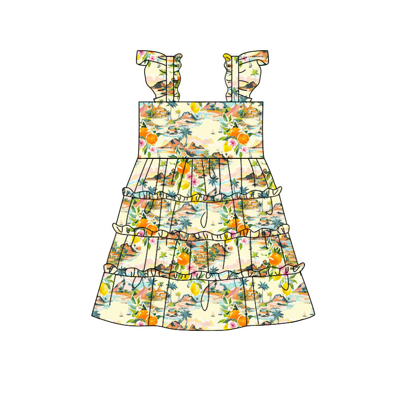 Preorder(moq 5) Baby Girls Flutter Sleeve Beach Fruits Patchworks Knee Length Dresses