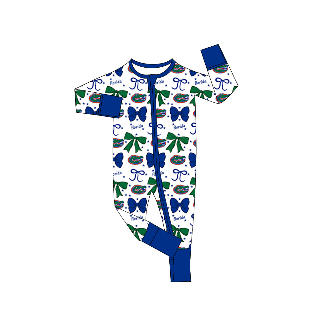 Preorder(moq 5)Baby Girls Blue Florida Bows Zipper Footie Rompers