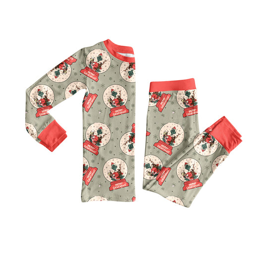 Preorder (moq 5)Baby Girls Green Face Merry Christmas Top Pant Pajamas Set