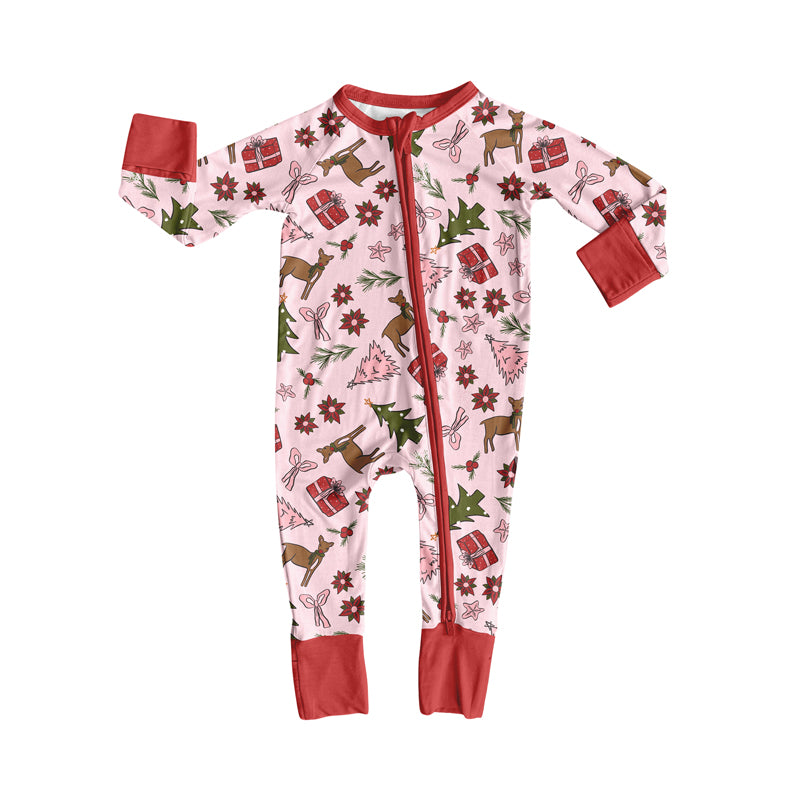 Preorder (moq 5)Baby Girls Pink Long Sleeves Bows Holly Deer Zipper Romper