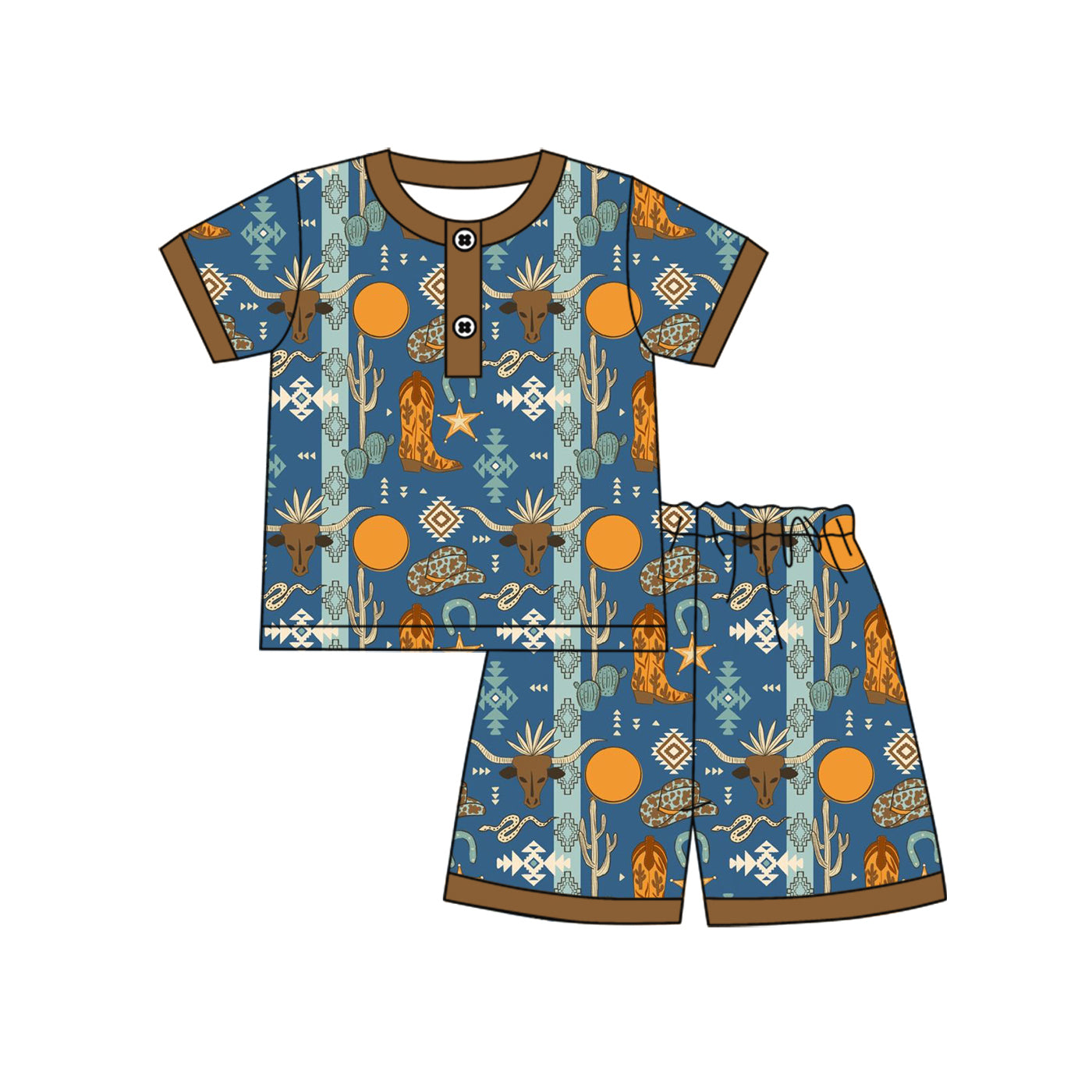 Preorder (moq 5)Baby Boys Buttons Tee Top Cow Aztec Shorts Clothes Sets