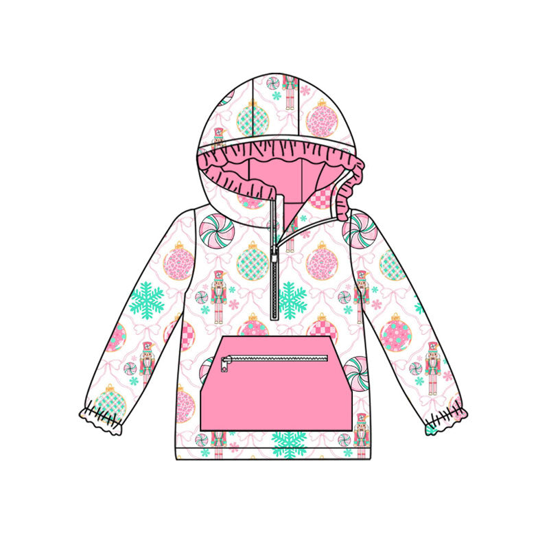 Preorder (moq 5)Baby Girls Pink Bows Soldiers Pocket Zipper Christmas Ruffle Hoodies Top