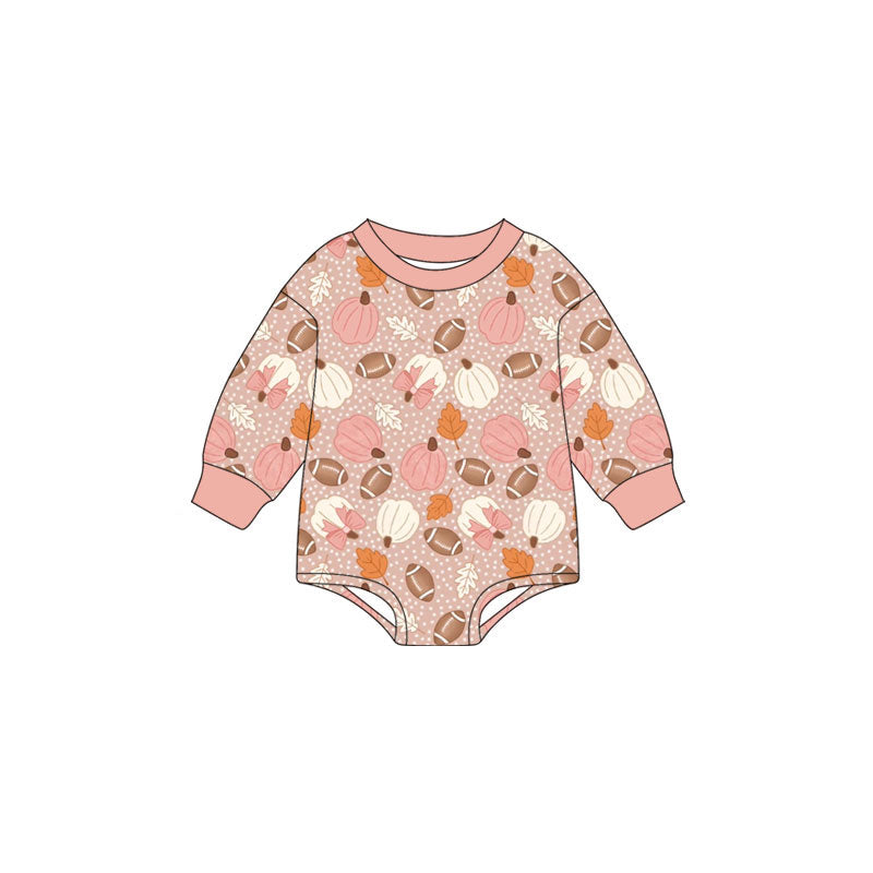 Preorder (moq 5)Baby Girls Long Sleeve Footballs Pumpkins Team Rompers