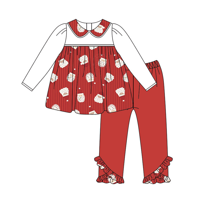 Preorder (moq 5)Baby Girls Long Sleeves Red Santa Plaid Tunic Ruffle Pant Set