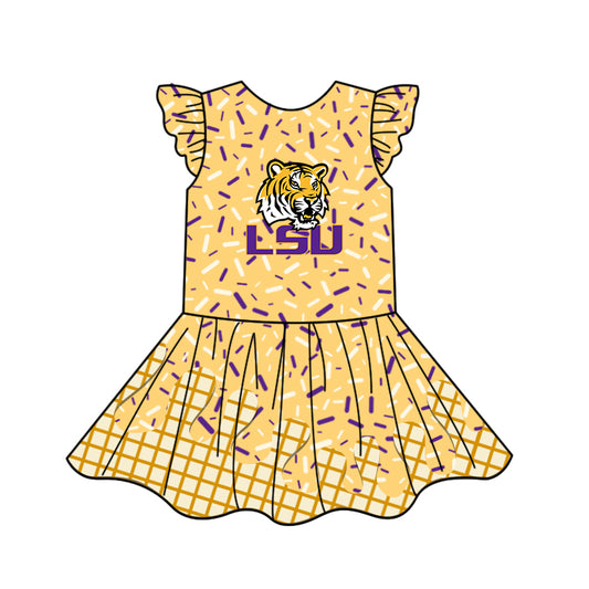 Preorder (moq 5)Baby Girls Yellow Flutter Sleeves Drip Tiger LSU Team Knee Length Dresses