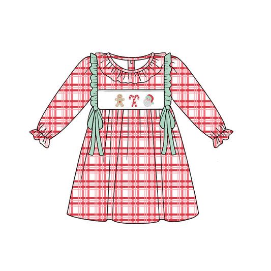 Preorder (moq 5)Baby Girls Red Checked Gingerbread Santa Christmas Knee Length Dress