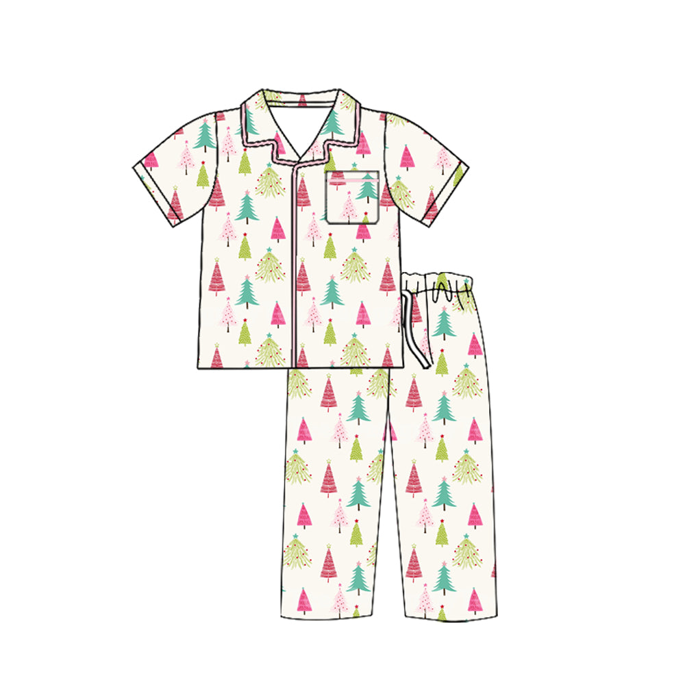 Preorder moq 5 Adult Women Short Sleeves Christmas Trees Pocket Button Top Pant Pajamas Set