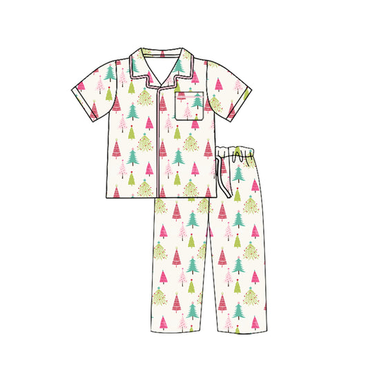 Preorder moq 5 Adult Women Short Sleeves Christmas Trees Pocket Button Top Pant Pajamas Set