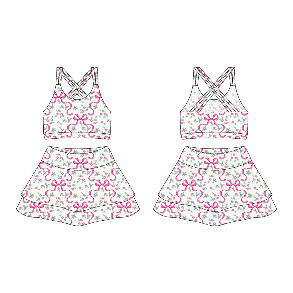 Preorder moq 10 Baby Girls Strap Pink Flowers Bows Activity Wear Vests Top Short Skirts Yoga Set
