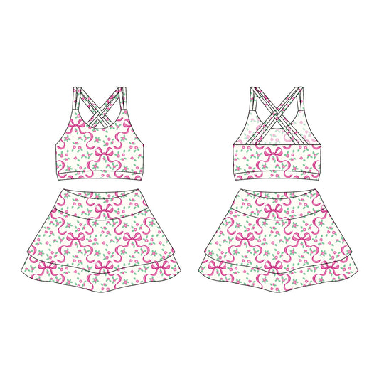 Preorder moq 10 Baby Girls Strap Pink Flowers Bows Activity Wear Vests Top Short Skirts Yoga Set