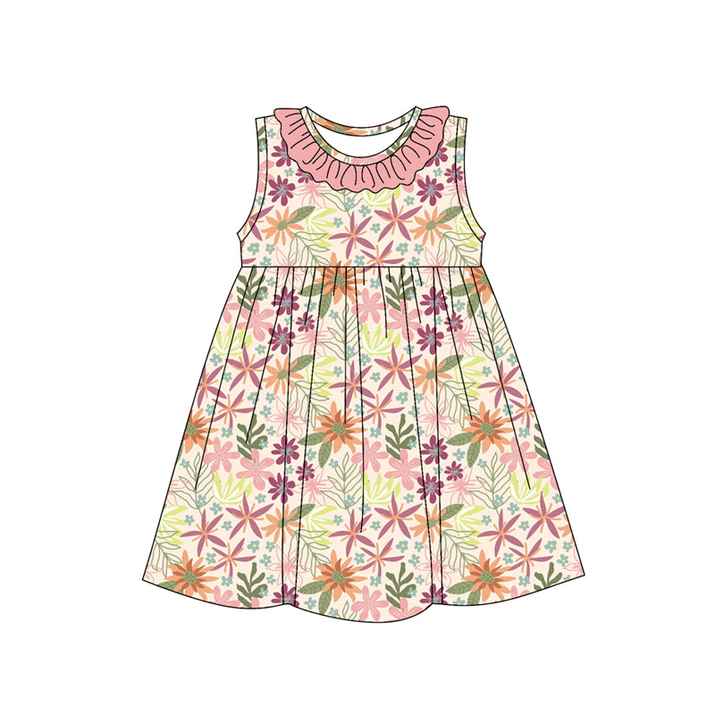 Preorder (moq 5)Baby Girls Sleeveless Pink Floral Round Collar Knee Length Dresses