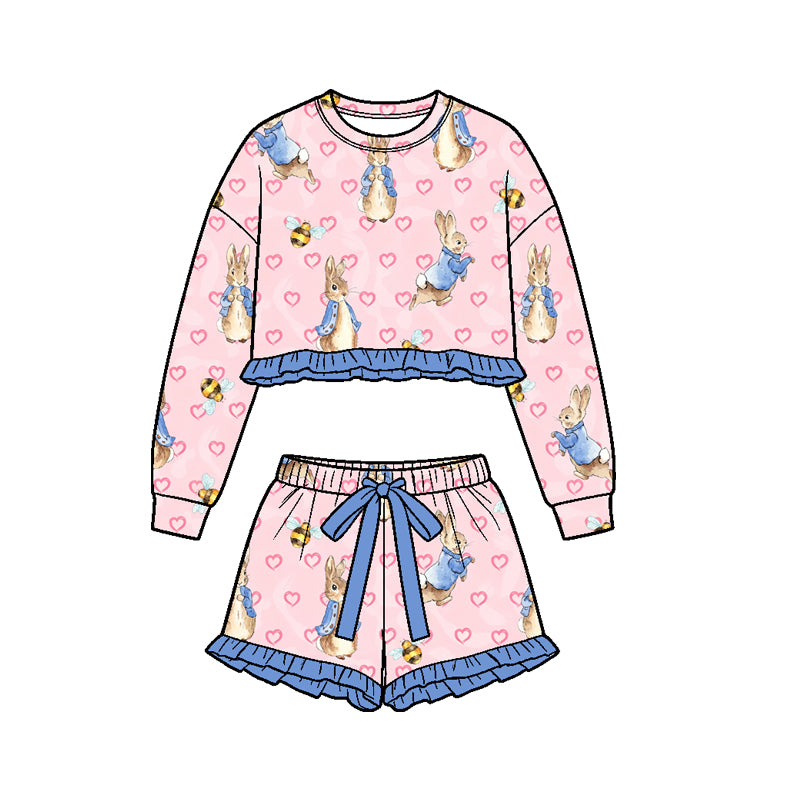 Preorder (moq 5) Girls’ Easter Pink Bunny Print  Heart Top & Shorts 2-Piece Set