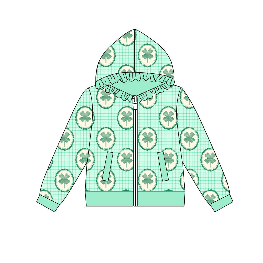 Preorder (moq 5) Baby Girl Clothes Vintage Clover Frame Grid Print Long Sleeve Ruffle Zip Hooded Jacket