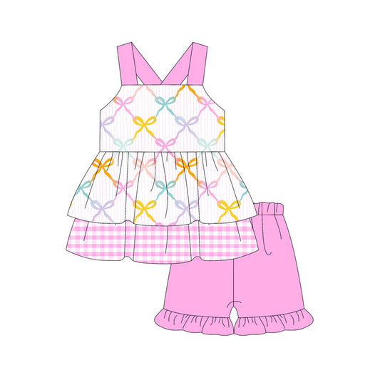 Preorder (moq 5)Baby Girls Pink Strap Colorful Bows Tunic Ruffle Short Set