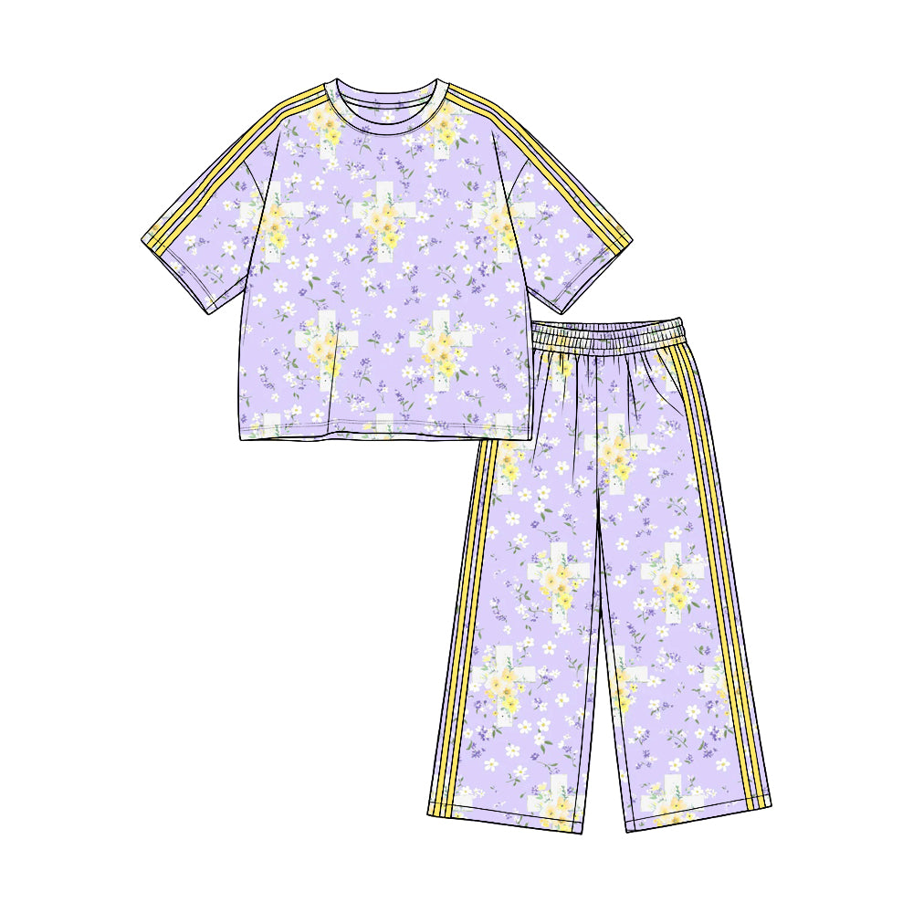 Preorder (moq 5)Baby Girls Flowers Crosses Top Pockets Flare Pant Easter Clothes Set