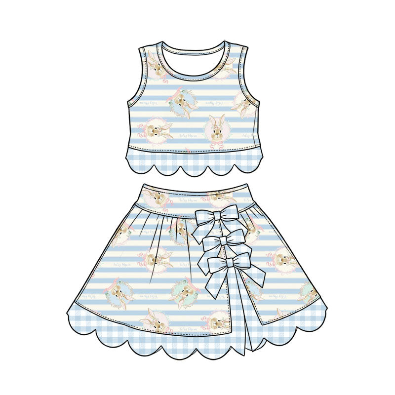 Preorder (moq 5) Baby Girl Clothes Easter Bunny Vintage Blue Stripe Print Sleeveless Crop Top Bow Skirt Outfit Set