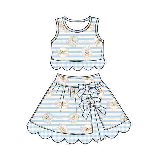 Preorder (moq 5) Baby Girl Clothes Easter Bunny Vintage Blue Stripe Print Sleeveless Crop Top Bow Skirt Outfit Set