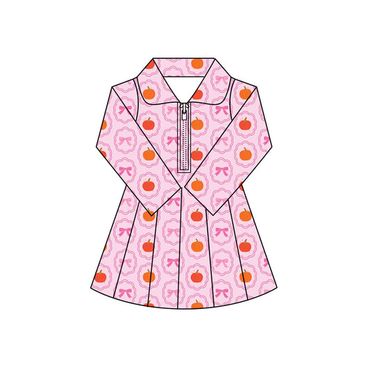 Preorder (moq 5)Baby Girls Bows Pumpkins Zip Pleated Skirt Short Fall Knee Length Dresses