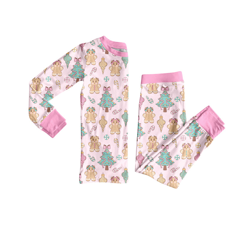 Preorder (moq 5)Baby Girls Long Sleeves Pink Trees Gingerbread Top Pant Pajamas Sets