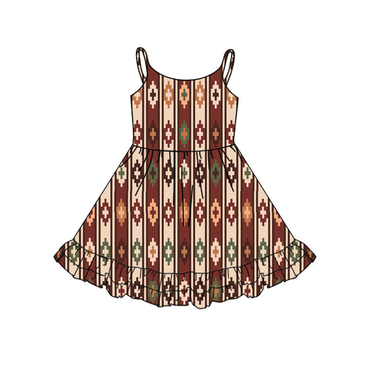 Preorder (moq 5)Baby Girls Brown Strap Aztec Stripe Knee Length Dresses