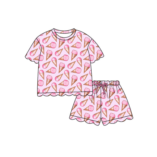 Preorder (moq 5)Baby Girls Pink Ice Creams Top Scallop Shorts Clothes Sets