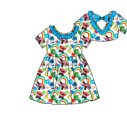 Preorder (moq 5)Baby Girls Monster Rainbow Back Bow Knee Length Dresses