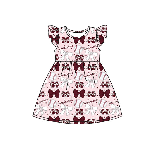 Preorder (moq 5)Baby Girls Flutter Sleeves Baseballs Bows M State Team Knee Length Dresses