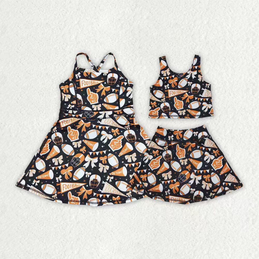 Sibling Baby Girls Sleeveless Bows Cheer Plaid Yoga Athletic Skorts Team Sets Knee Length Dress