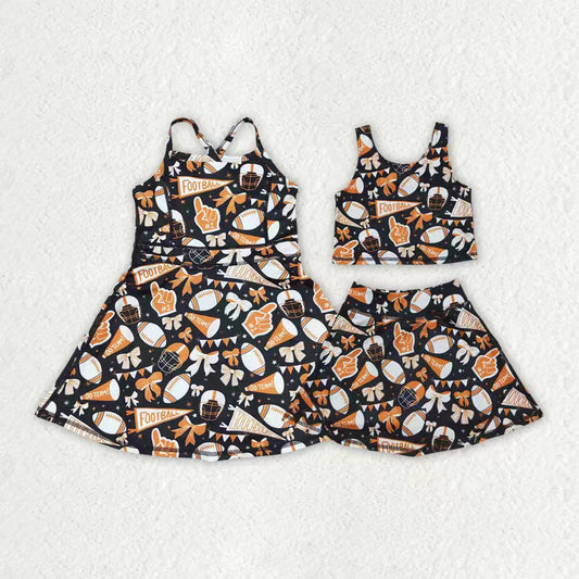 Sibling Baby Girls Sleeveless Bows Cheer Plaid Yoga Athletic Skorts Team Sets Knee Length Dress