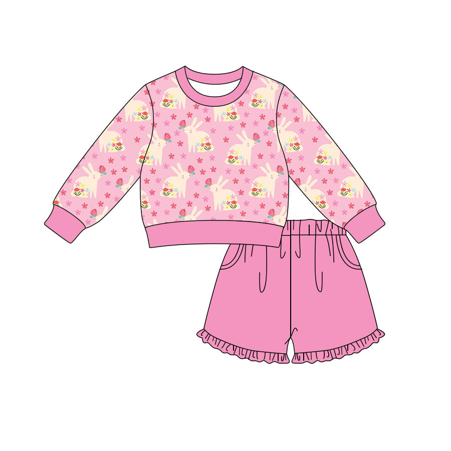 Preorder (moq 5) Baby Girl Clothes Pink Flower Bunny Allover Print Long Sleeve Top Ruffle Shorts Set