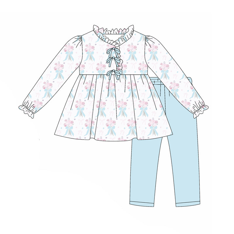 preorder(moq 5) Baby Girls Long Ruffle Sleeves Blue Bows Flowers Plaid Tunic Legging Pants Set