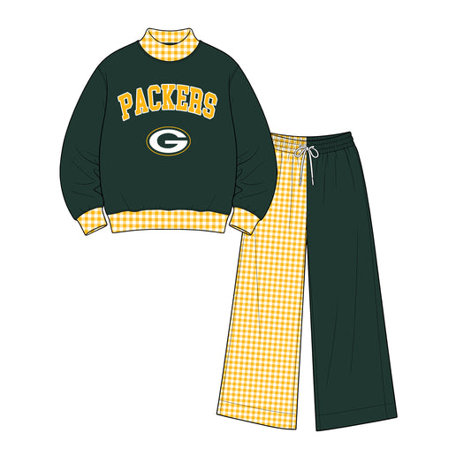 Preorder(moq 5)Baby Girls Long Sleeve Packers Top Wide Pants Team Clothes Sets