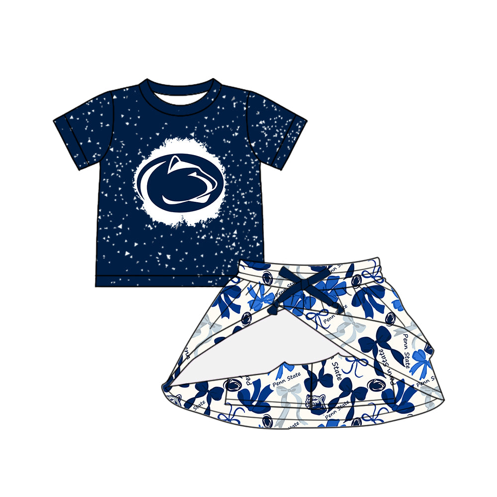 Preorder (moq 5)Baby Girls Hot Blue Short Sleeves Penn State Top Bows Plaid Skorts Team Set